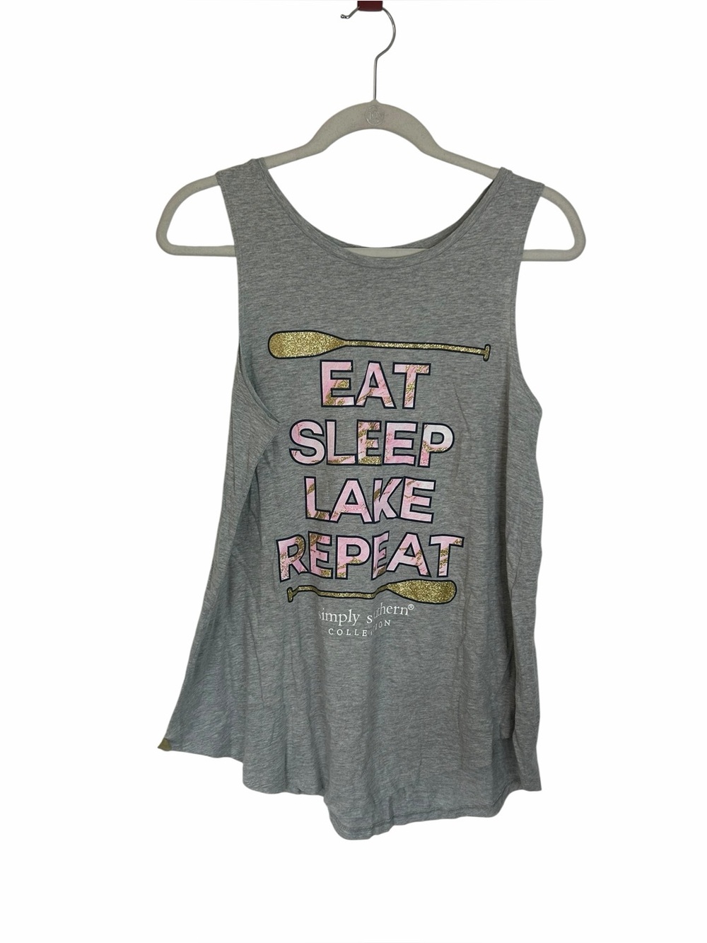 ♥️ Simply Southern Grey Eat Sleep Lake Repeat Sleeveless Tank Women’s Sz Large - Picture 2 of 7